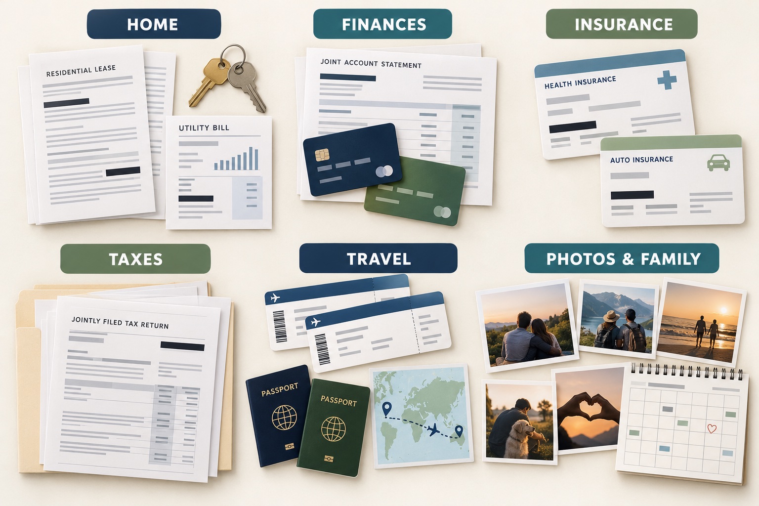 Examples of shared-home, financial, insurance, tax, travel, photo, and family evidence