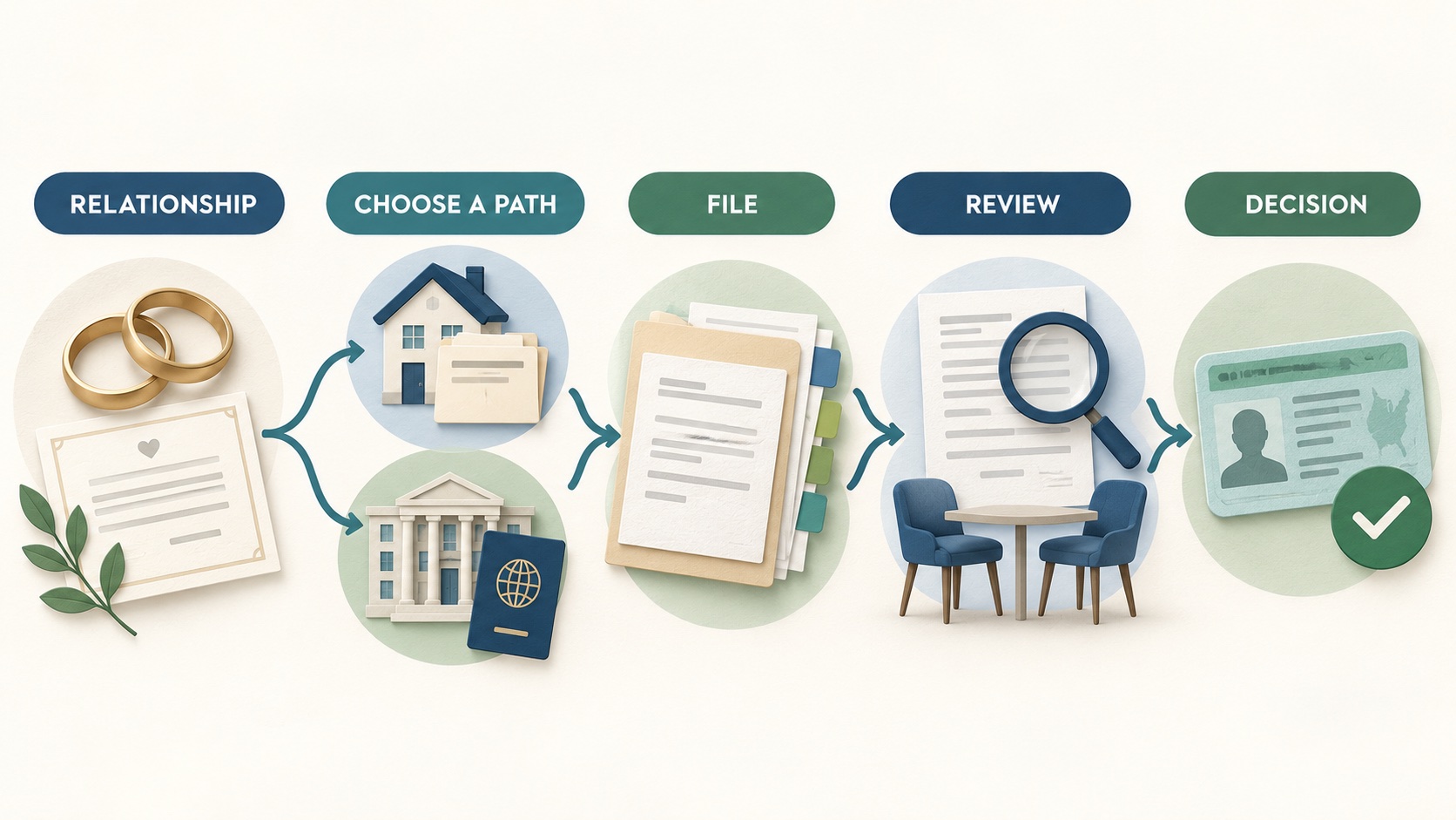 Five-stage marriage green card process from relationship through decision